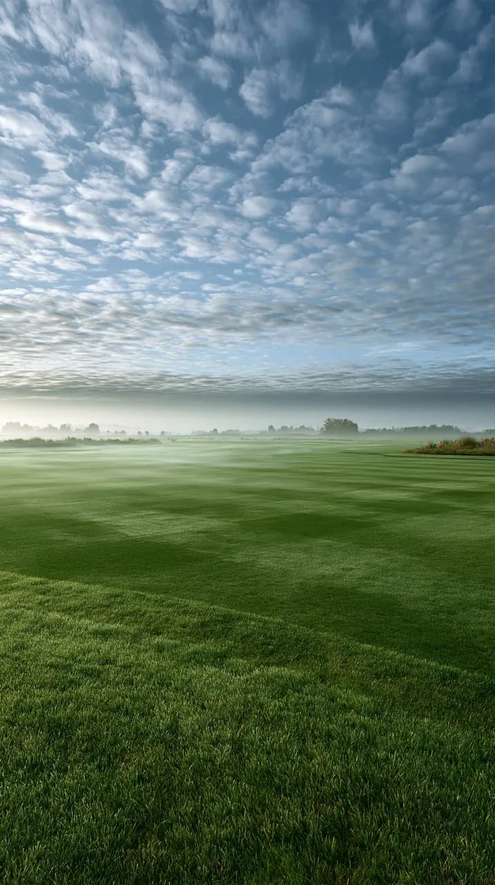 A broad lawn beneath a changing morning sky
